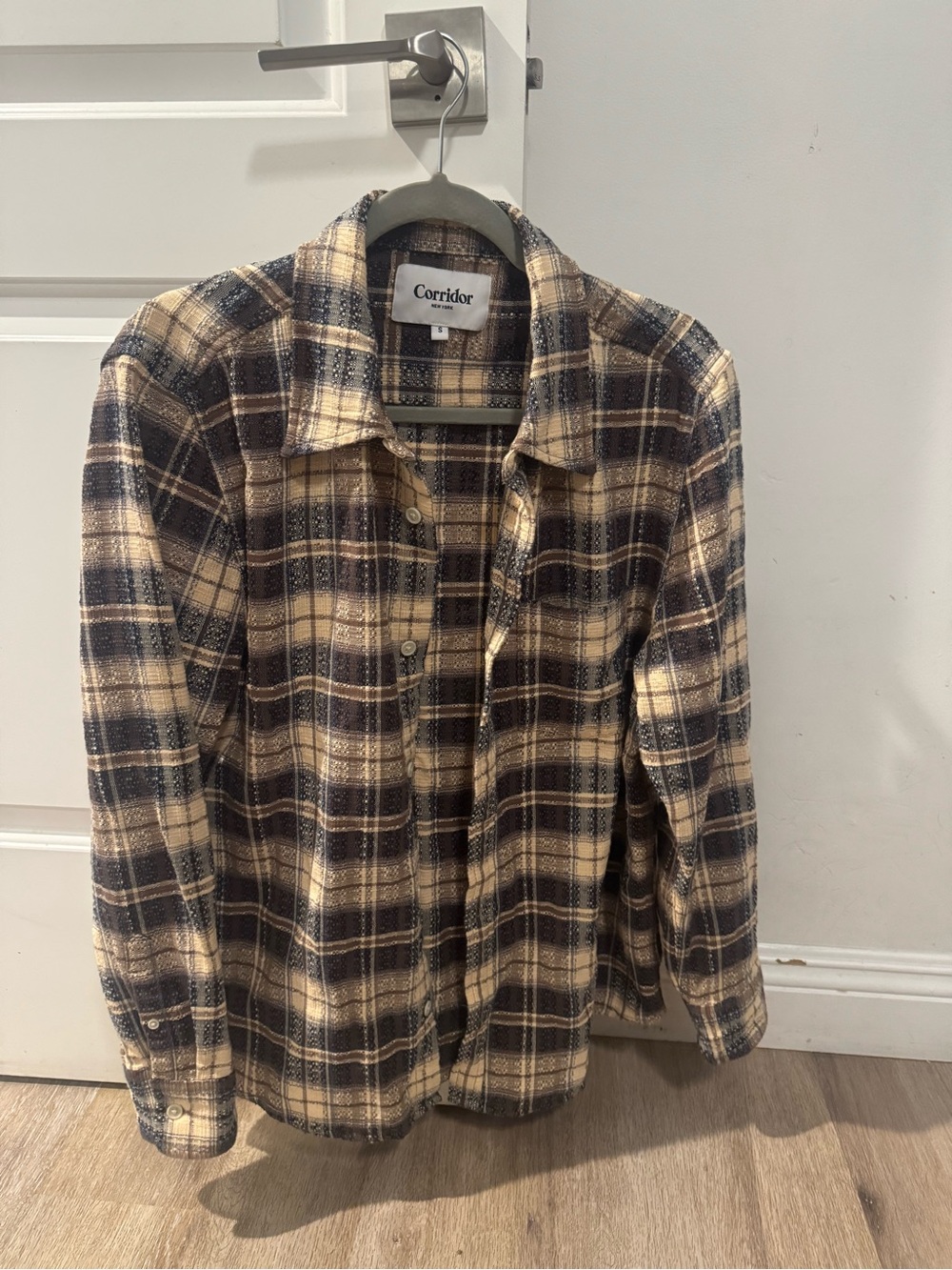 Corridor Men's Beige and Navy Plaid Button-Down Shirt